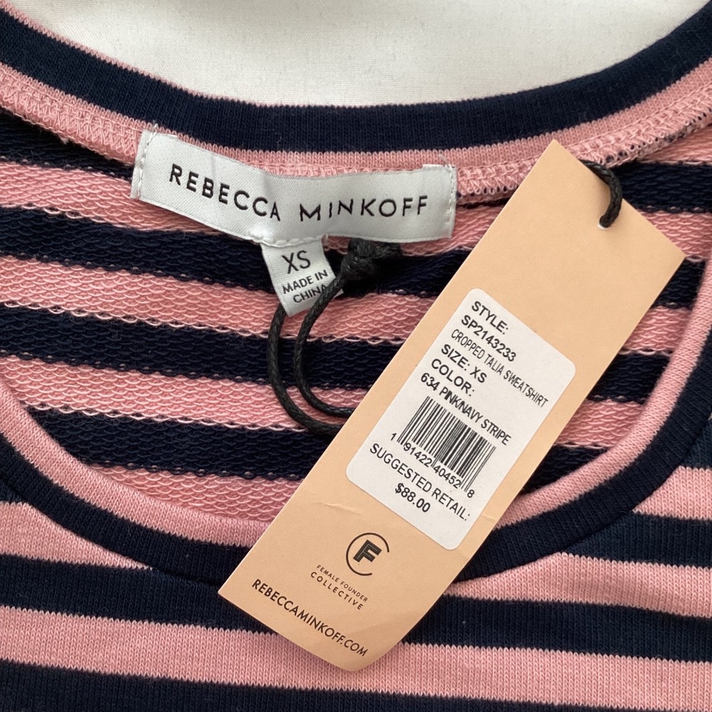 Rebecca Minkoff Cropped Talia Striped Sweatshirt Pink Navy Puff Sleeve XS - Picture 2 of 7
